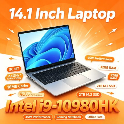 Intel Core i9 10980HK Professional Laptop with 14.1-Inch Display, 8 Cores, 16 Threads, 2.4 to 5.3 GHz Turbo, 16MB Cache, 45W TDP, 32GB RAM, 2TB M.2 SSD - Ideal for Office and Gaming, High-Speed and Latest Model